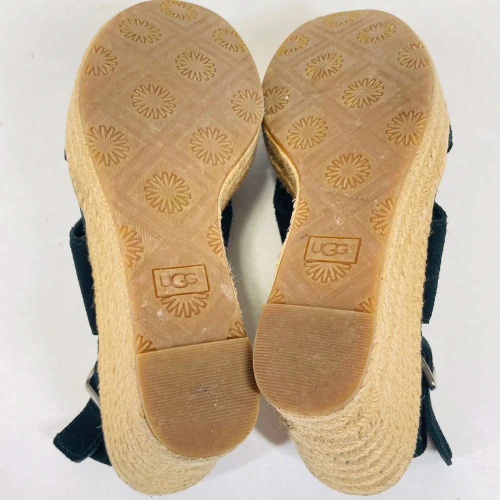 UGG Trina Black Suede Espadrille Wedge Sandals 1019902 Womens 7